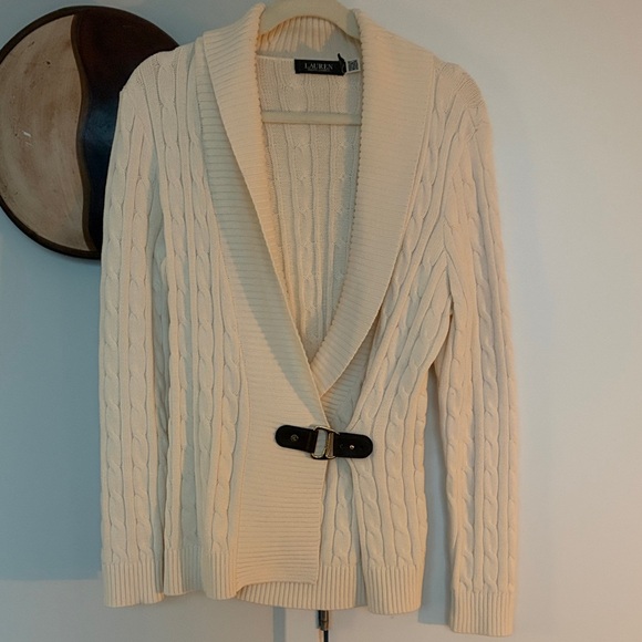 Lauren Ralph Lauren Sweaters - Lauren Ralph Lauren Ivory Cable-Knit Shawl Collar Cardigan with Buckle